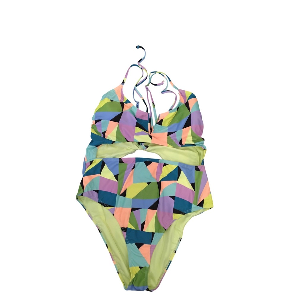 No Boundaries Geometric Cutout‎ One Piece Swimsuit XXL 19 Multi Color Tie Front